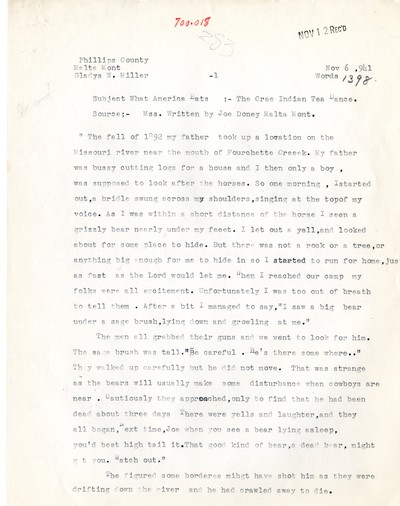 America Eats - Rejected Field Materials - Gladys W. Miller - The Cree Indian Tea Dance