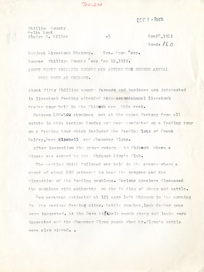 America Eats - Rejected Field Materials - Gladys W. Miller - Feed Tour at Chinook