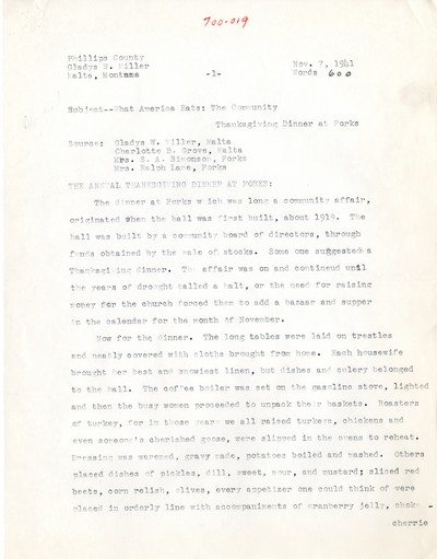 America Eats - Rejected Field Materials - Gladys W. Miller - Thanksgiving Dinner at Forks
