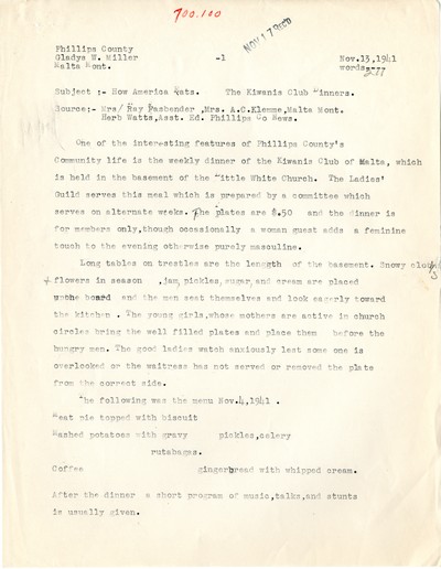 America Eats - Rejected Field Materials - Gladys W. Miller - The Kiwanis Club Dinners