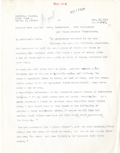America Eats - Rejected Field Materials - Gladys W. Miller - Interviews with restaurant and Lunch counter Proprietors