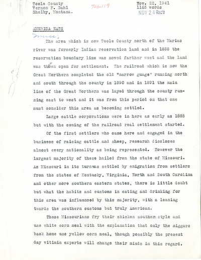 America Eats - Rejected Field Materials - Vernon F. Dahl - America Eats in Toole County