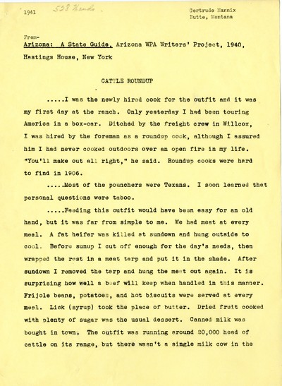 America Eats - Arizona Field Materials and Correspondence - Cattle Roundup