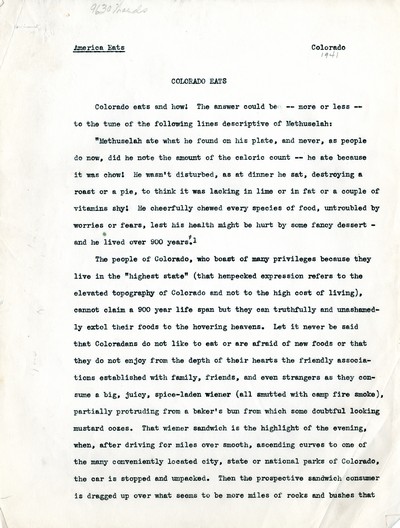 America Eats - Colorado Field Materials and Correspondence - Colorado Eats
