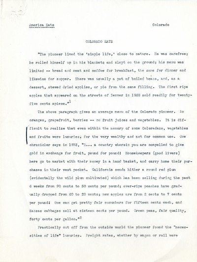 America Eats - Colorado Field Materials and Correspondence - Colorado Eats Fruit & Vegetables