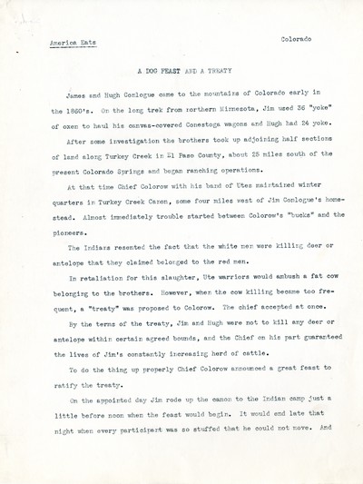 America Eats - Colorado Field Materials and Correspondence - A Dog Feast and a Treaty