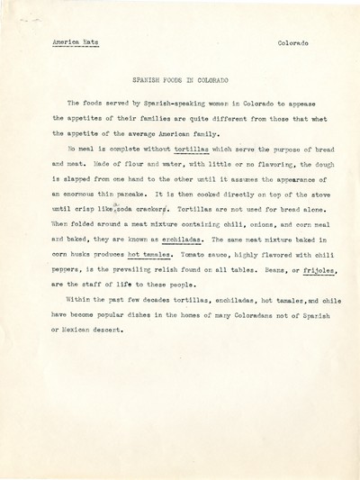 America Eats - Colorado Field Materials and Correspondence - Spanish Foods in Colorado