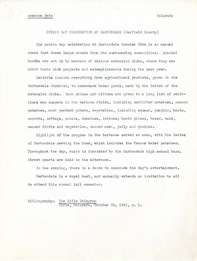 America Eats - Colorado Field Materials and Correspondence - Potato Day Celebration