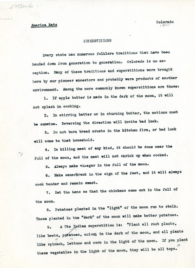 America Eats - Colorado Field Materials and Correspondence - Superstitions
