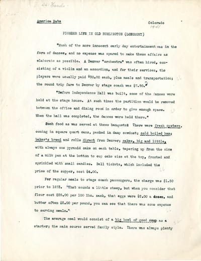 America Eats - Colorado Field Materials and Correspondence - Pioneer Life in Old Burlington