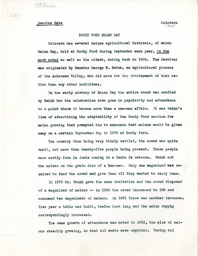America Eats - Colorado Field Materials and Correspondence - Emma Wallace - Rocky Ford Melon Day