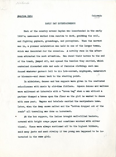 America Eats - Colorado Field Materials and Correspondence - Emma Wallace - Early Day Entertainments
