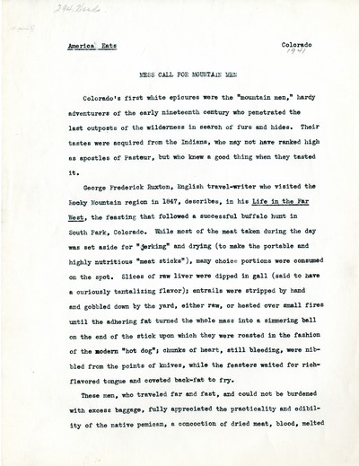 America Eats - Colorado Field Materials and Correspondence - Mess Call for Mountain Men