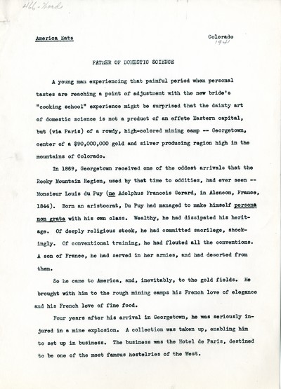 America Eats - Colorado Field Materials and Correspondence - Gerald Gray - Father of Domestic Science