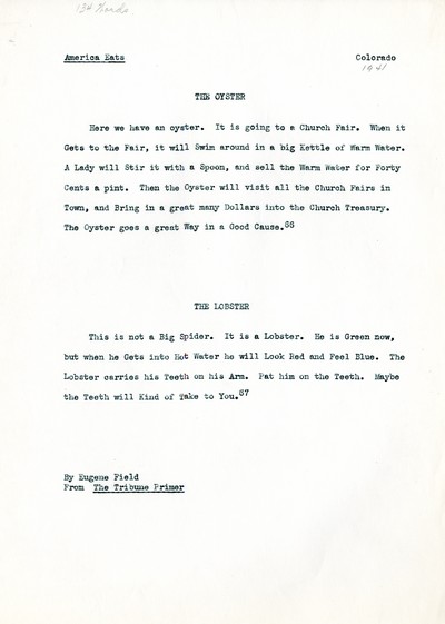 America Eats - Colorado Field Materials and Correspondence - Eugene Field - Oysters & Lobsters