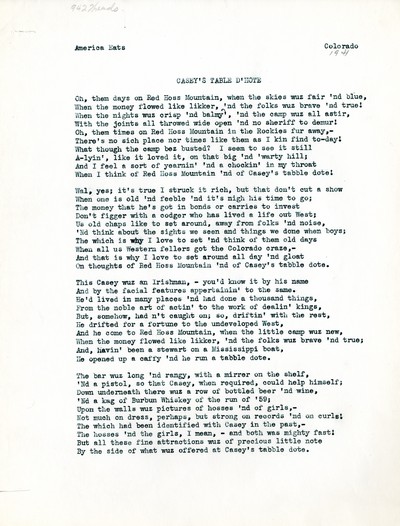 America Eats - Colorado Field Materials and Correspondence - Casey