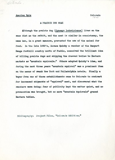 America Eats - Colorado Field Materials and Correspondence - A Prairie Dog Hoax