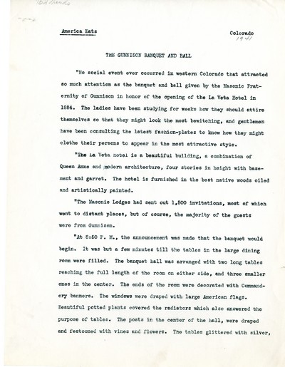 America Eats - Colorado Field Materials and Correspondence - The Gunnison Banquet and Ball