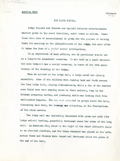 America Eats - Colorado Field Materials and Correspondence - The Lodge Supper