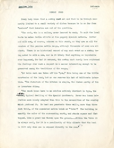 America Eats - Colorado Field Materials and Correspondence - Cowboy Food