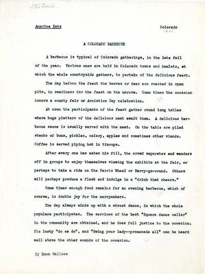 America Eats - Colorado Field Materials and Correspondence - Emma Wallace - A Colorado Barbecue