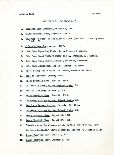 America Eats - Colorado Field Materials and Correspondence - Bibliography