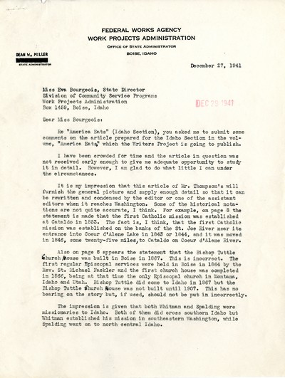 America Eats - Idaho Field Materials and Correspondence - To Miss Bourgeois From Mr. Eaton