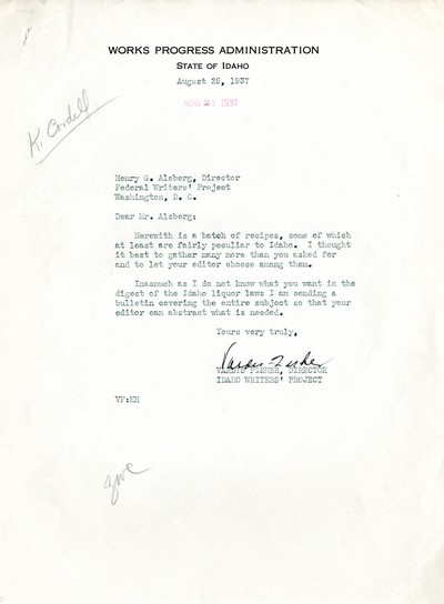 America Eats - Idaho Field Materials and Correspondence - To Mr. Alsberg from Mr. Fisher - Recipes & Liquor
