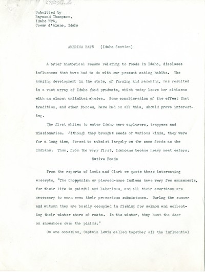 America Eats - Idaho Field Materials and Correspondence - Idaho Eats