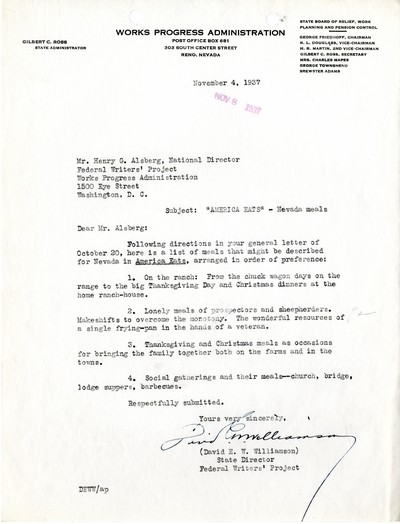 America Eats - Nevada Field Materials and Correspondence - To Mr. Alsberg from Mr. Williamson