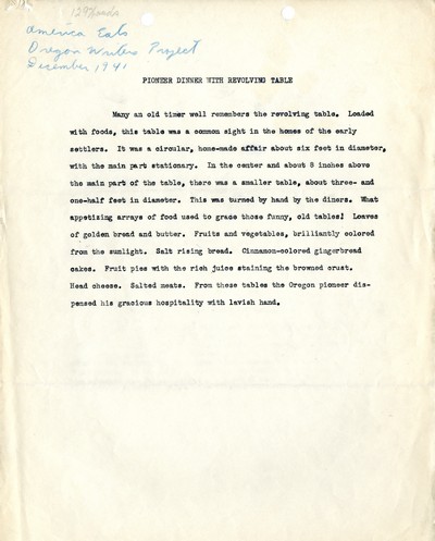 America Eats - Oregon Field Materials and Correspondence - Pioneer Dinner with Revolving Table