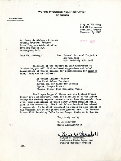 America Eats - Oregon Field Materials and Correspondence - To Mr. Alsberg from Mr. Griffith