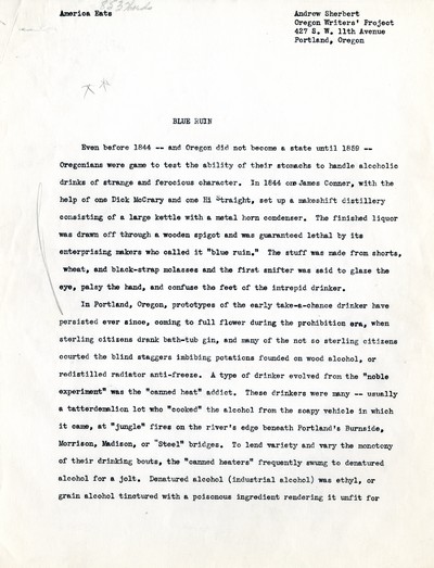 America Eats - Oregon Field Materials and Correspondence - Andrew Sherbert - Blue Ruin