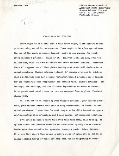 America Eats - Oregon Field Materials and Correspondence - Please Pass the Potatoes