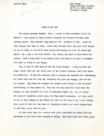 America Eats - Oregon Field Materials and Correspondence - Sara Wrenn - Draw up an