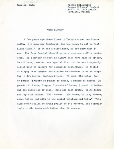 America Eats - Oregon Field Materials and Correspondence - Joseph McLaughlin - Kow Kanyon