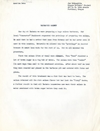 America Eats - Oregon Field Materials and Correspondence - Joseph McLaughlin - Barbecued Salmon