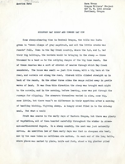 America Eats - Oregon Field Materials and Correspondence - Sara Wrenn - Sheepmen Eat Sheep and Cowmen Eat Cow