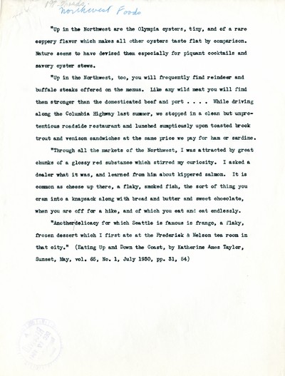 America Eats - Oregon Field Materials and Correspondence - Northwest Foods