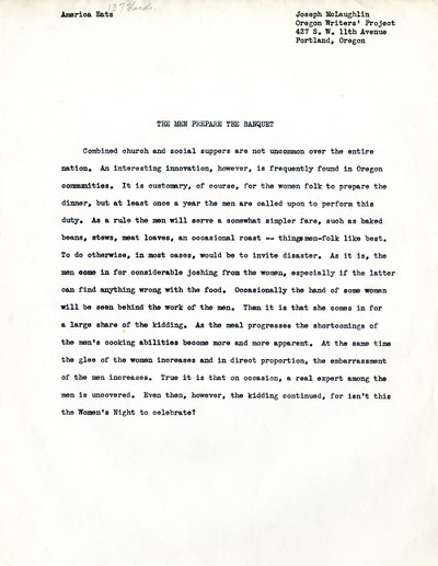 America Eats - Oregon Field Materials and Correspondence - Joseph McLaughlin - The Men Prepare the Banquet