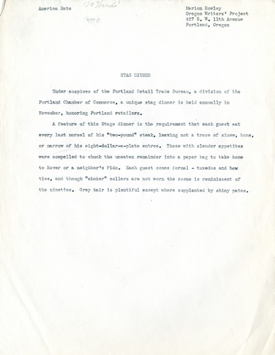 America Eats - Oregon Field Materials and Correspondence - Marion Rowley - Stag Dinner