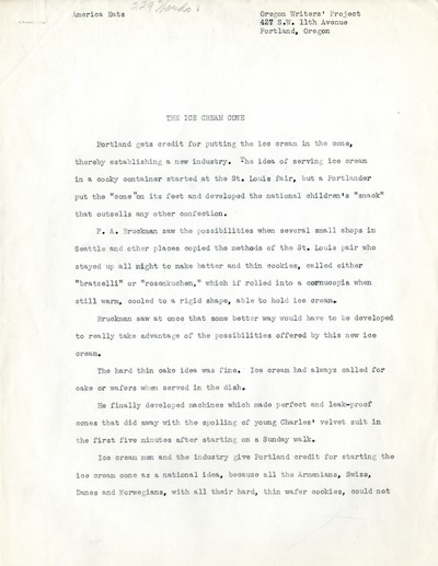 America Eats - Oregon Field Materials and Correspondence - The Ice Cream Cone