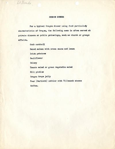 America Eats - Oregon Field Materials and Correspondence - Oregon Dinner