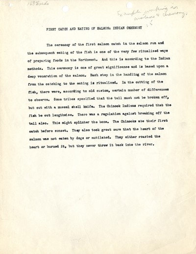 America Eats - Oregon Field Materials and Correspondence - First Catch and Eating of Salmon: Indian Ceremony