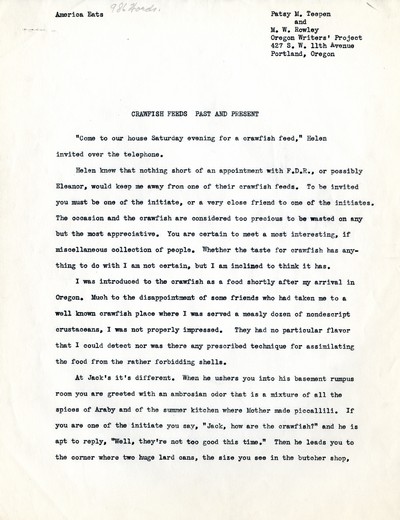 America Eats - Oregon Field Materials and Correspondence - Crawfish Feeds Past and Present