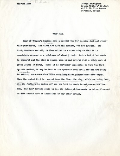 America Eats - Oregon Field Materials and Correspondence - Joseph McLaughlin - Wild Duck