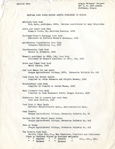 America Eats - Oregon Field Materials and Correspondence - Partial Cook Books Edited and/or Published in Oregon