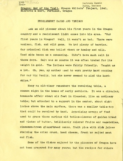 America Eats - Oregon Field Materials and Correspondence - Gertrude Mannix - Huckleberry Cakes and Venison