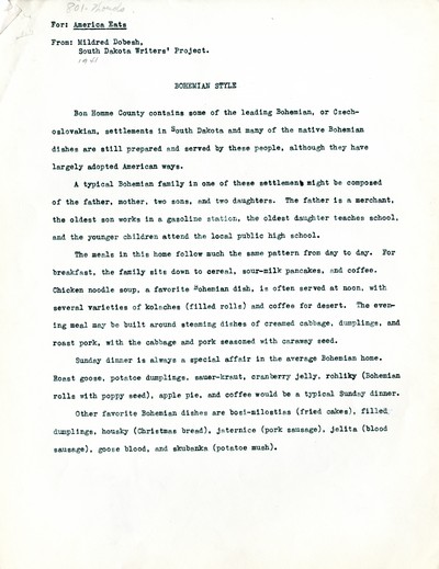 America Eats - South Dakota Field Materials and Correspondence - Mildred Dobesh - Bohemian Style