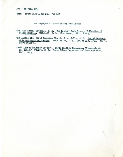 America Eats - South Dakota Field Materials and Correspondence - Bibliography of South Dakota Cook Books